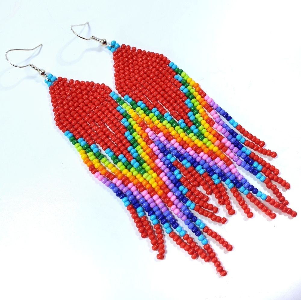 🌈 Red Rainbow Long Fringe Seed Bead Earrings